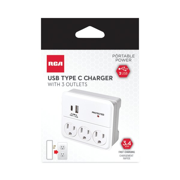Rca Three-Outlet Wall Tap, White PSWT334ACAV